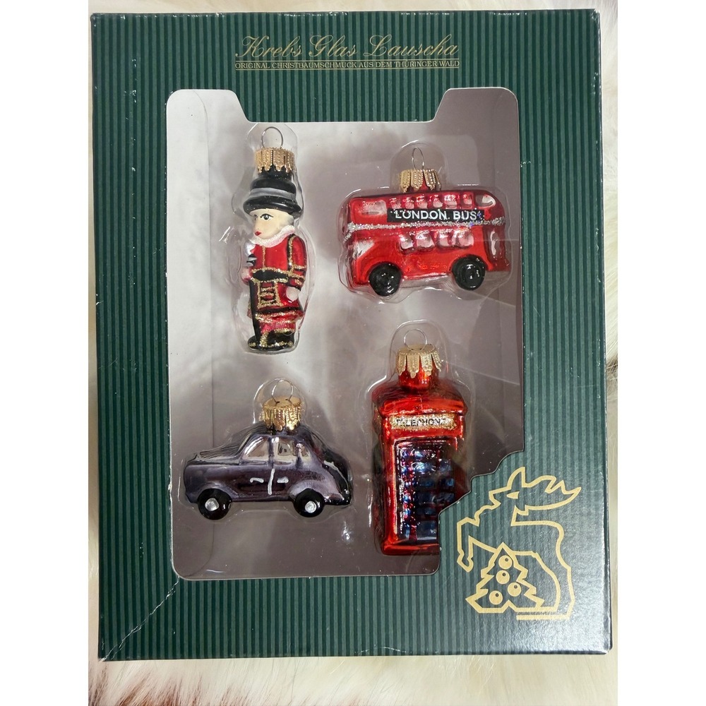 Krebs Glas Lauscha London Christmas Ornaments Set 4pc Glass Bus Guard Phone Box